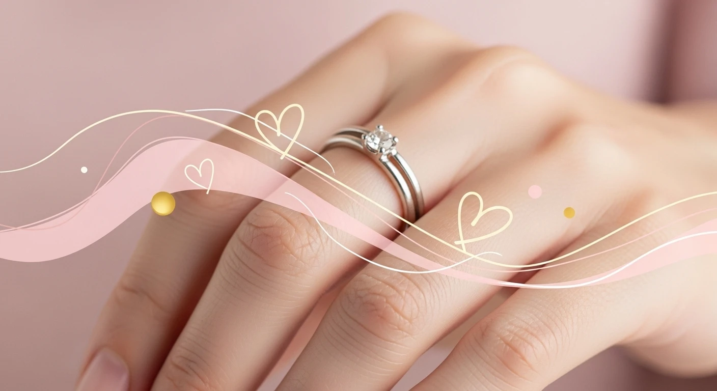 Một bàn tay đeo nhẫn ở ngón áp út, ánh sáng lấp lánh, tượng trưng cho tình yêu và sự gắn kết. Nền mờ ảo, lãng mạn.