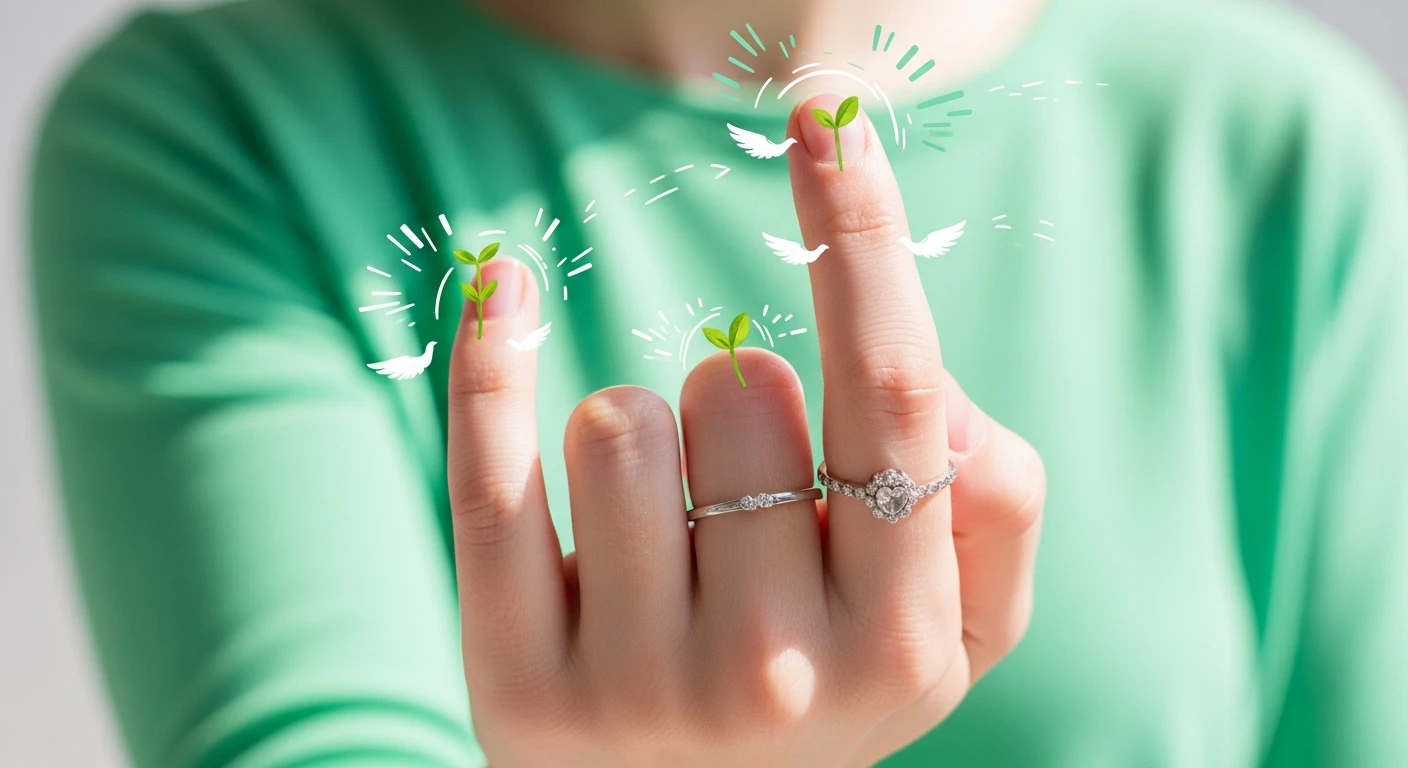 Một bàn tay đeo nhẫn ở ngón út, với ánh sáng nhẹ nhàng, thể hiện sự kết nối và giao tiếp. Bối cảnh mờ ảo, tinh tế.