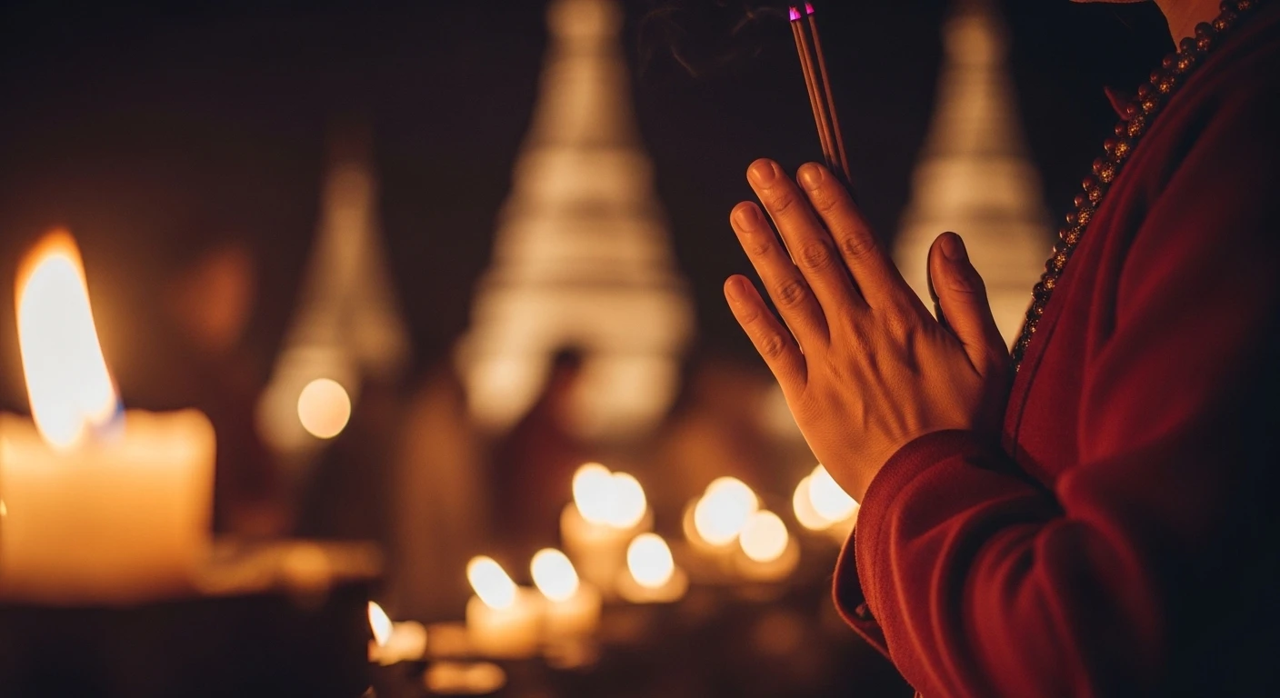 Người phụ nữ đang cẩn thận đặt lễ vật chay lên bàn thờ trong chùa. Bó hoa tươi và trái cây được sắp xếp trang nhã, thể hiện sự thành kính và tôn trọng đối với nghi lễ cầu duyên.