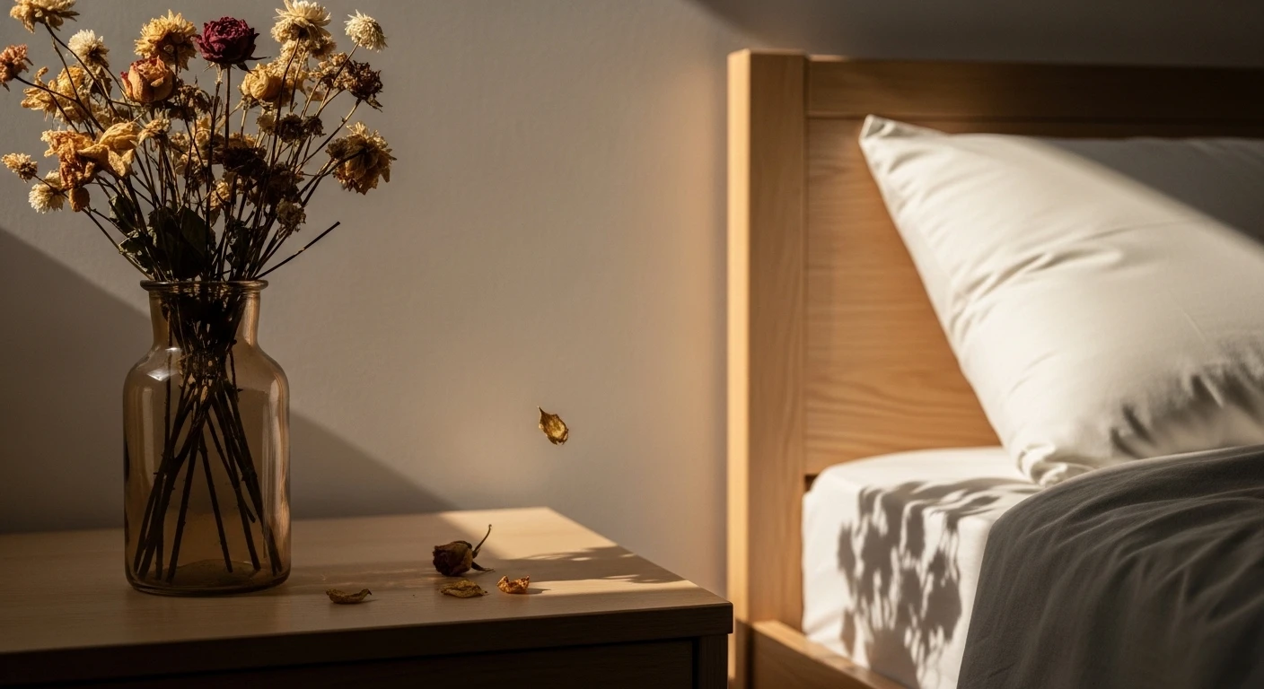 Một cặp vợ chồng đang đọc sách trên giường, không có đồ điện tử, gương được che lại. Phòng ngủ gọn gàng, có cây xanh nhỏ tươi tốt.