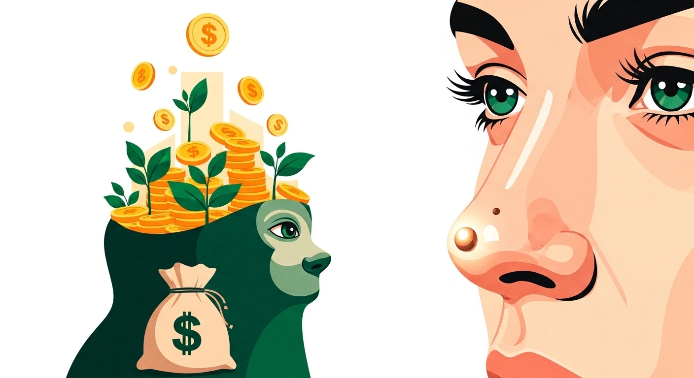 Hình ảnh một người phụ nữ với nốt ruồi nhỏ ở đầu mũi, đang mỉm cười, biểu thị sự tự tin và may mắn trong tài lộc. Ánh sáng nhẹ nhàng chiếu vào, làm nổi bật khuôn mặt.