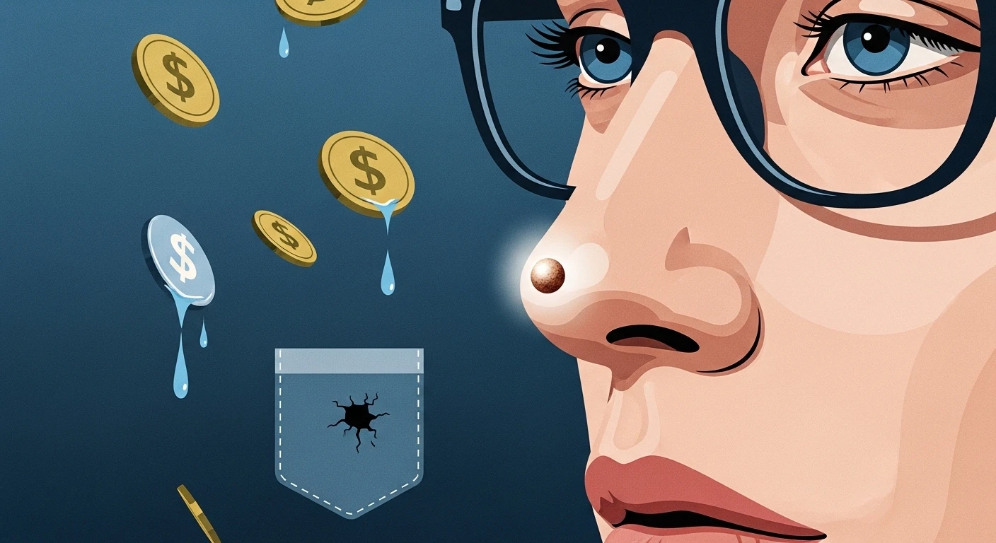 Hình ảnh một bàn tay đang chạm vào đầu mũi của người khác, với một nốt ruồi nhỏ được nhìn thấy rõ. Bối cảnh mờ ảo với các biểu tượng chiêm tinh và tử vi, thể hiện sự kết nối giữa các yếu tố tâm linh và vật lý.