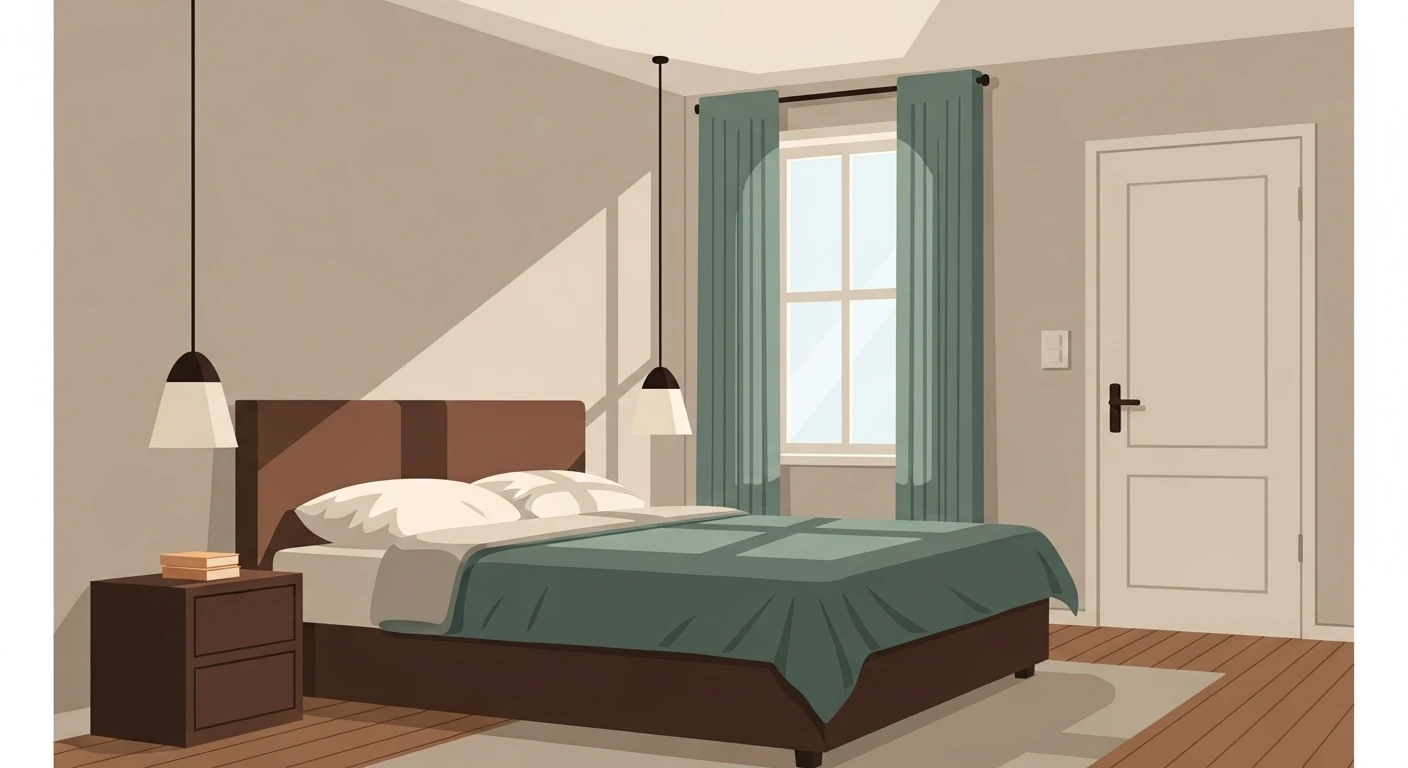 Một cặp vợ chồng trẻ đang nằm trên giường ngủ với ánh sáng dịu nhẹ, không gian phòng ngủ ấm cúng, tượng trưng cho sự hài hòa và mong muốn có con.