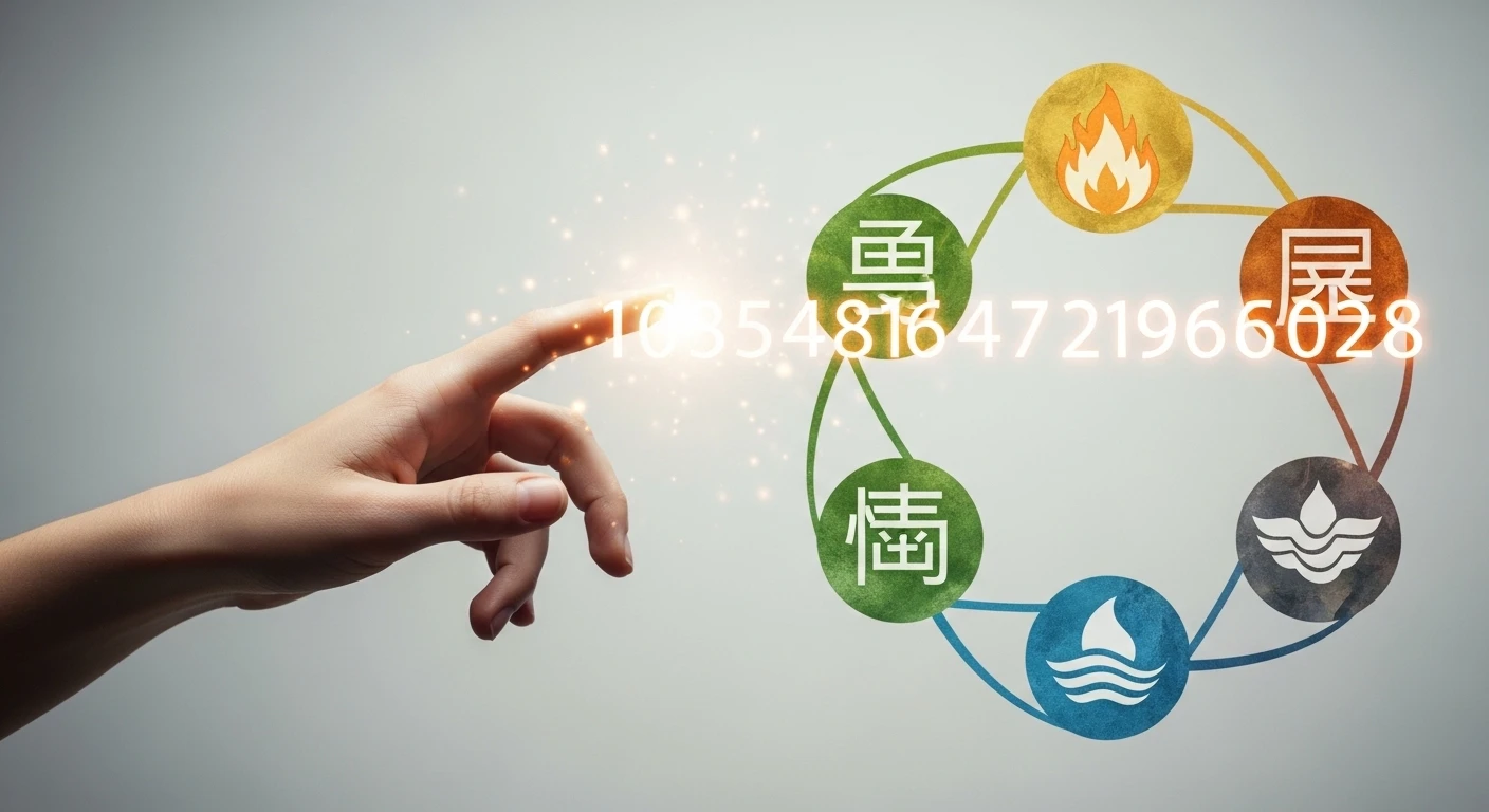 Bàn tay đang cầm một chiếc sim điện thoại, phía sau là biểu tượng Ngũ Hành tương sinh tương khắc với các màu sắc tượng trưng cho Mộc, Hỏa, Thổ, Kim, Thủy.