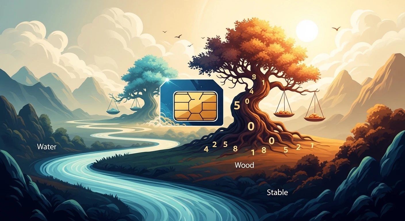 Một người đang suy nghĩ, tay cầm chiếc điện thoại với màn hình hiển thị các con số, tượng trưng cho việc chọn sim phong thủy. Nền mờ ảo, có các biểu tượng liên quan đến may mắn, tài lộc.