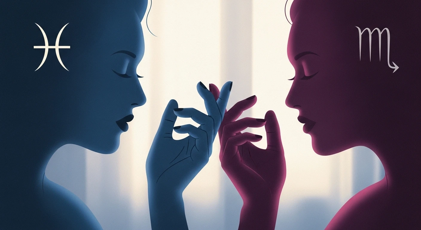 Hai bàn tay nắm chặt dưới ánh trăng mờ ảo, tượng trưng cho mối liên kết sâu sắc và định mệnh giữa hai người, với biểu tượng cung Song Ngư và Bọ Cạp lồng ghép.