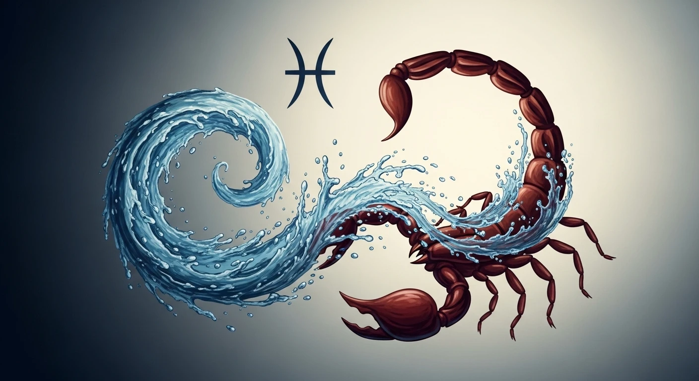 Hai người đang ngồi đối mặt, ánh mắt nhìn nhau đầy suy tư trong một không gian tối, tượng trưng cho những thách thức và sự thấu hiểu cần có trong mối quan hệ Song Ngư và Bọ Cạp.