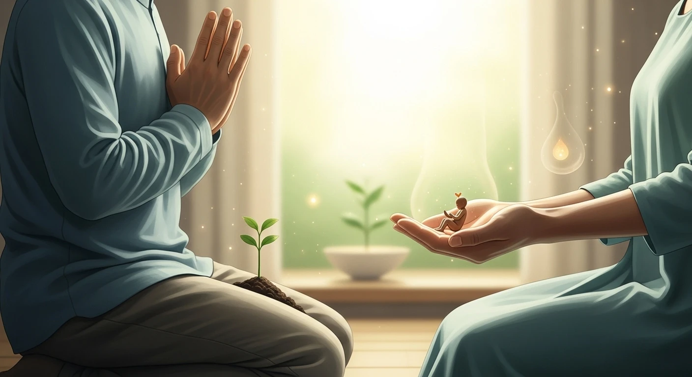 Một gia đình hạnh phúc với cha mẹ và một em bé nhỏ, tượng trưng cho niềm vui và thành quả của việc cầu tự (cầu con). Bối cảnh ấm cúng, tràn đầy yêu thương.