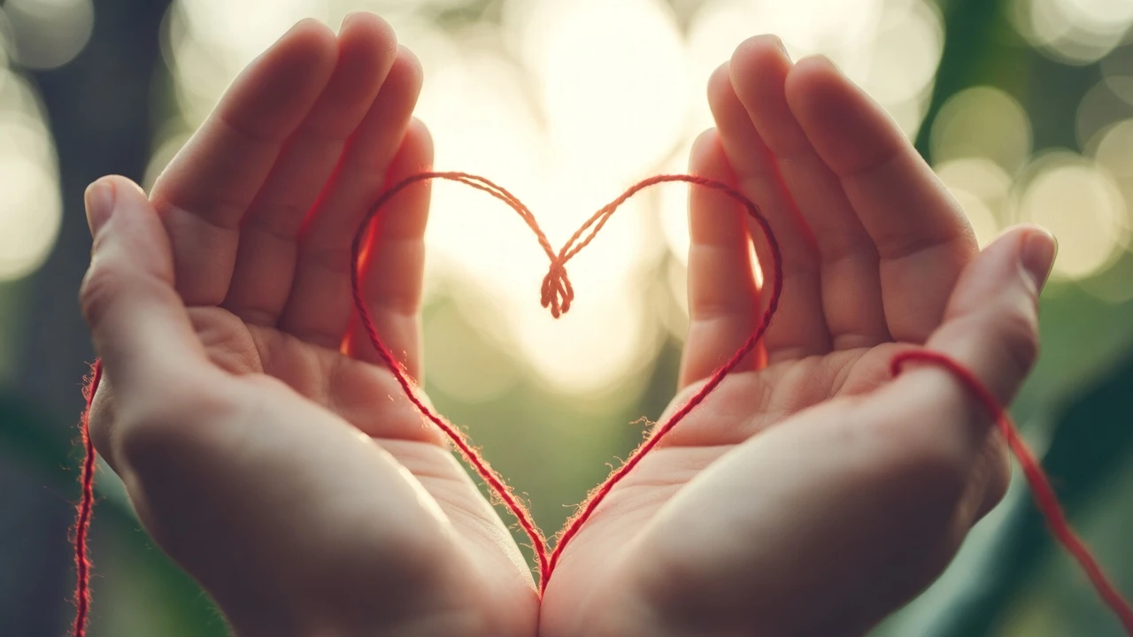 Một sợi chỉ đỏ mảnh mai nối liền hai bàn tay, tượng trưng cho mối duyên lành và định mệnh trong chiêm tinh học. Bối cảnh mờ ảo, huyền bí.