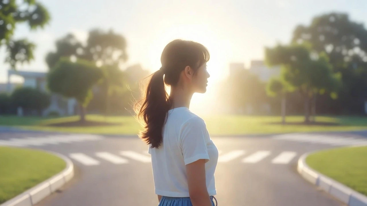 Một người phụ nữ đứng giữa ngã ba đường, biểu tượng cho việc đưa ra lựa chọn và quyết định thay đổi số phận. Ánh sáng mạnh mẽ từ phía trước tượng trưng cho tương lai.