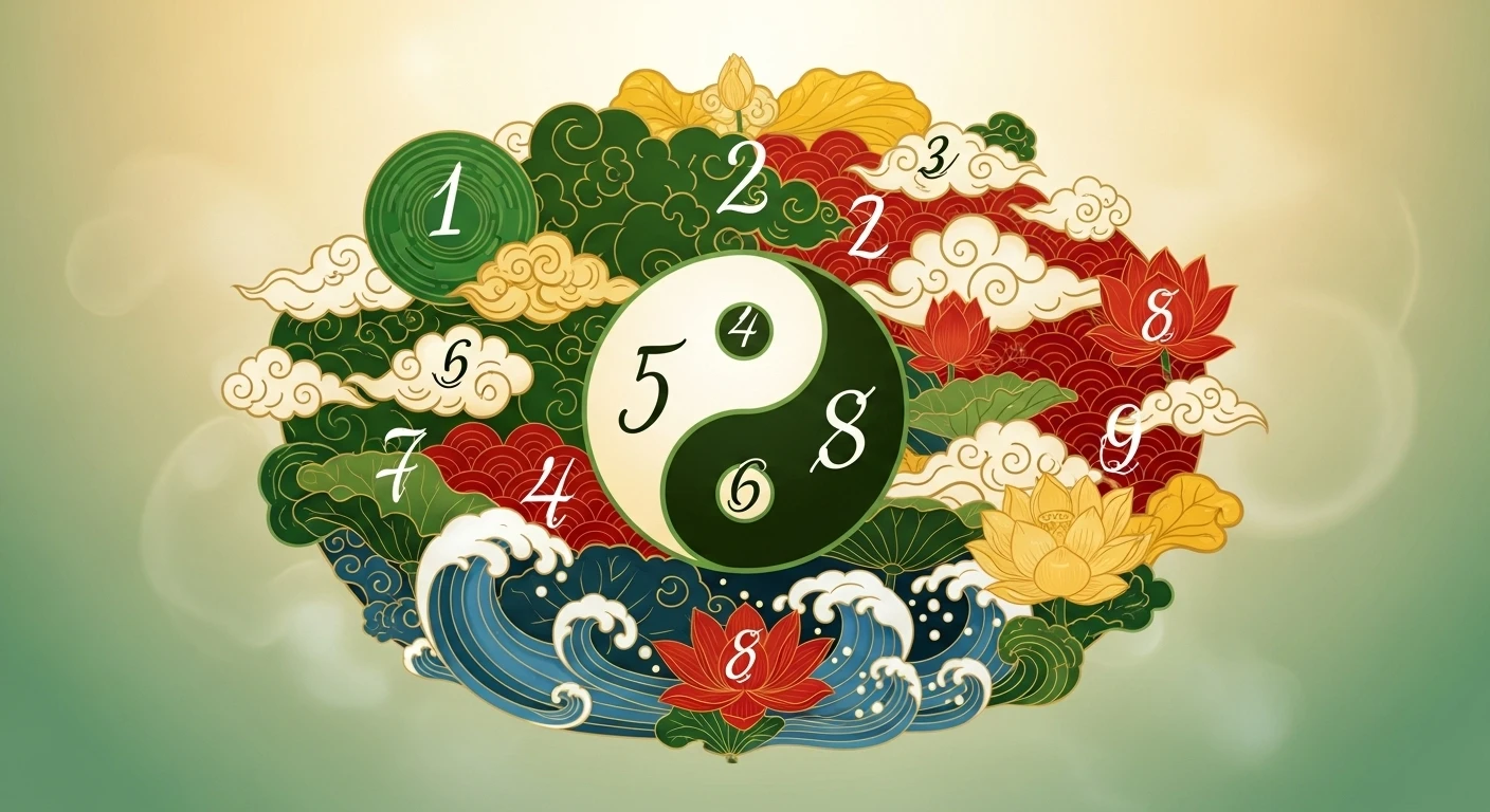 Một biểu đồ thần số học với các con số và hình học, cùng với các biểu tượng âm dương ngũ hành ở phía sau, minh họa sự giao thoa giữa hai trường phái.