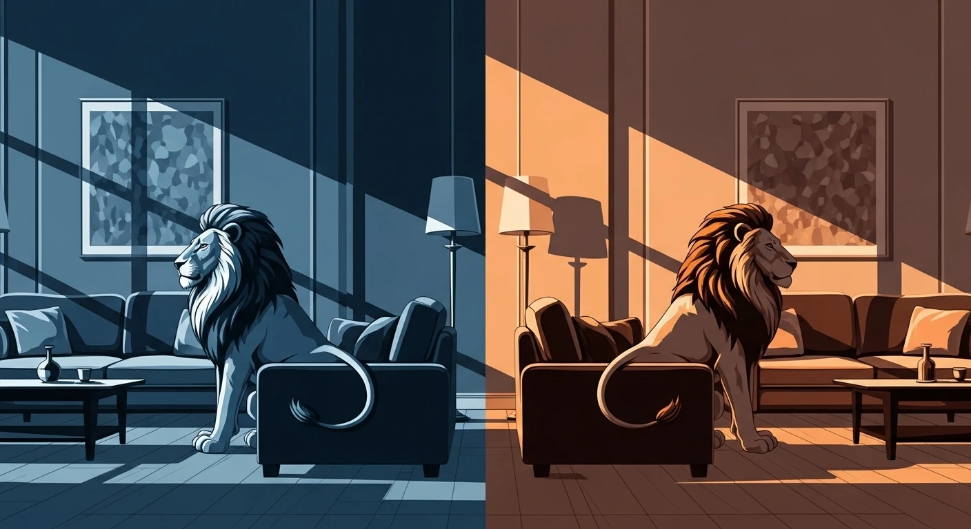 Hai chú sư tử uy nghi đứng cạnh nhau, nhìn về phía trước, tượng trưng cho sự mạnh mẽ, quyền lực và sự đồng điệu của hai cá thể Sư Tử trong một mối quan hệ.