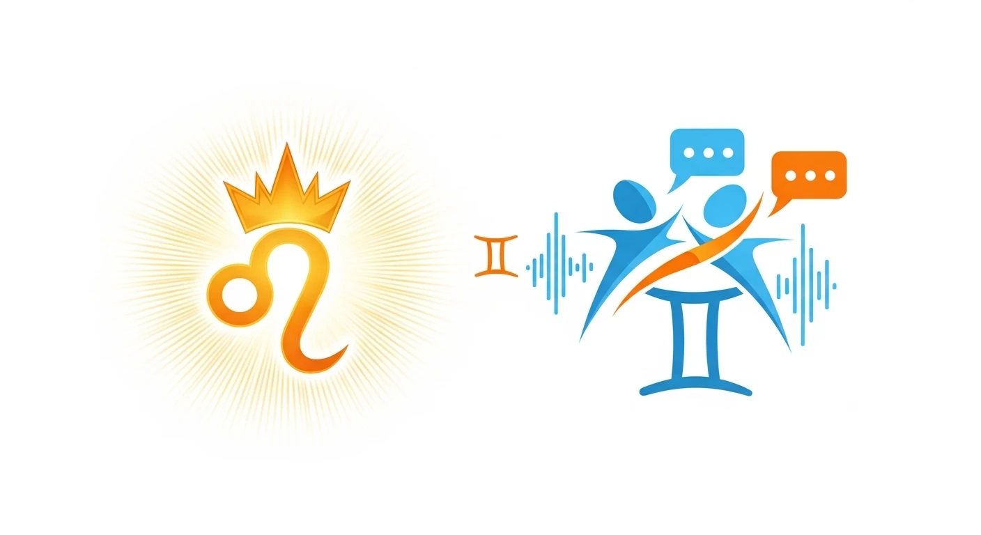 Sư Tử và Song Tử đang cười nói vui vẻ trong một buổi tiệc sang trọng, thể hiện sự kết hợp hài hòa giữa hào quang và sự khéo léo xã giao.