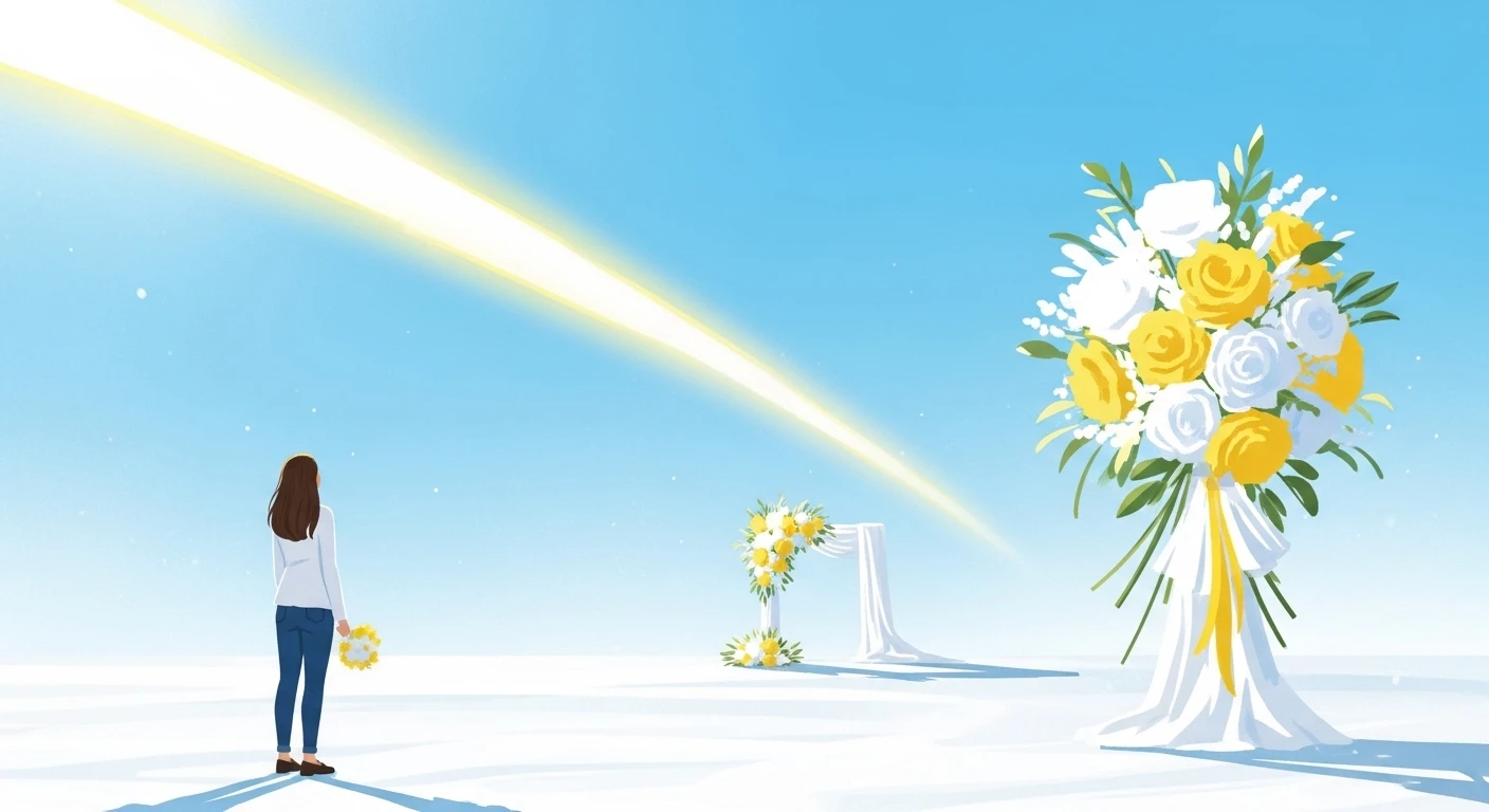 Một cô gái độc thân đang nhìn ra cửa sổ với ánh mắt mơ màng, phía xa là hình ảnh mờ ảo của một đám cưới, tượng trưng cho khao khát thầm kín.