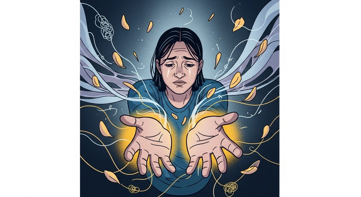 Một người phụ nữ với vẻ mặt trầm tư, ánh mắt xa xăm, ngồi một mình trong không gian mờ ảo, tượng trưng cho sự nhạy cảm và nội tâm sâu sắc của Song Ngư.