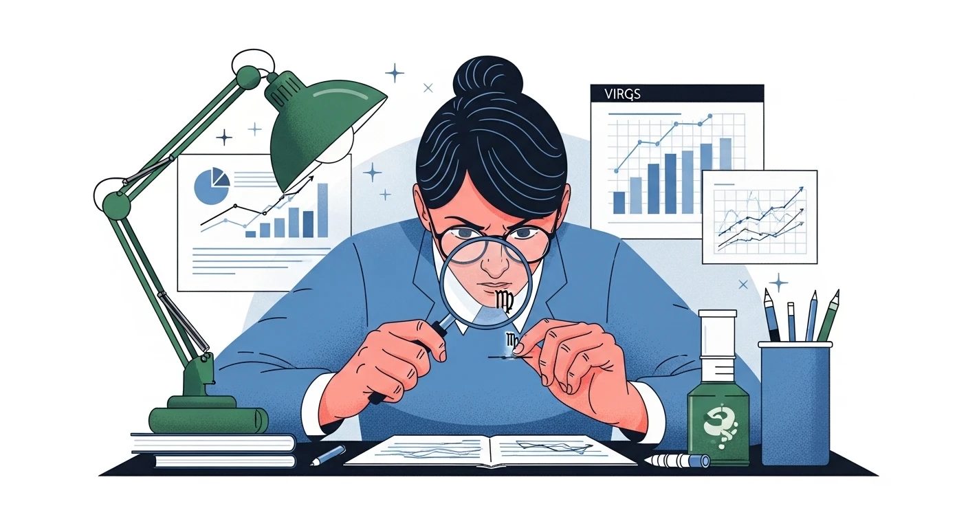 Một người phụ nữ Xử Nữ đang tỉ mỉ kiểm tra chi tiết công việc trên máy tính, thể hiện sự cầu toàn và tập trung cao độ vào chất lượng.