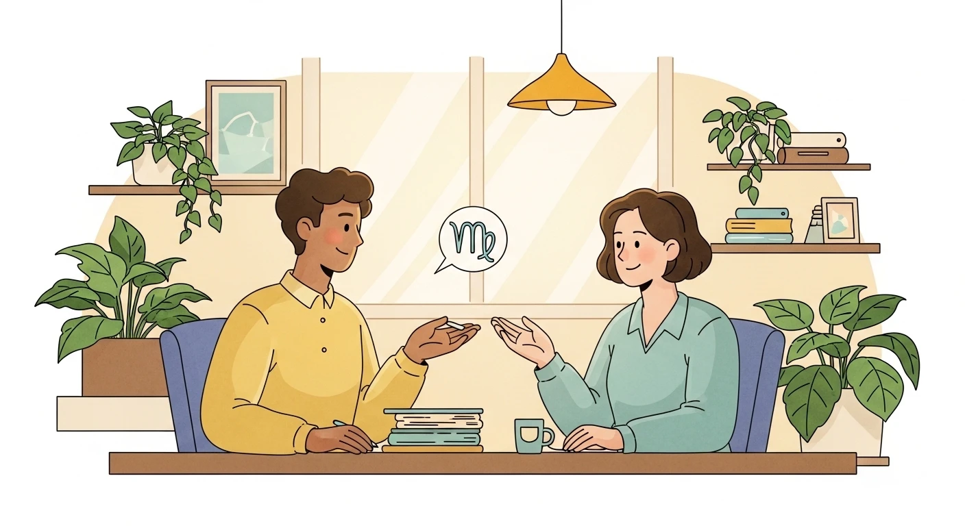 Hai người đang giao tiếp trong một không gian làm việc sạch sẽ, ngăn nắp, thể hiện sự trao đổi thông tin rõ ràng và hiệu quả, phù hợp với phong cách của Xử Nữ.