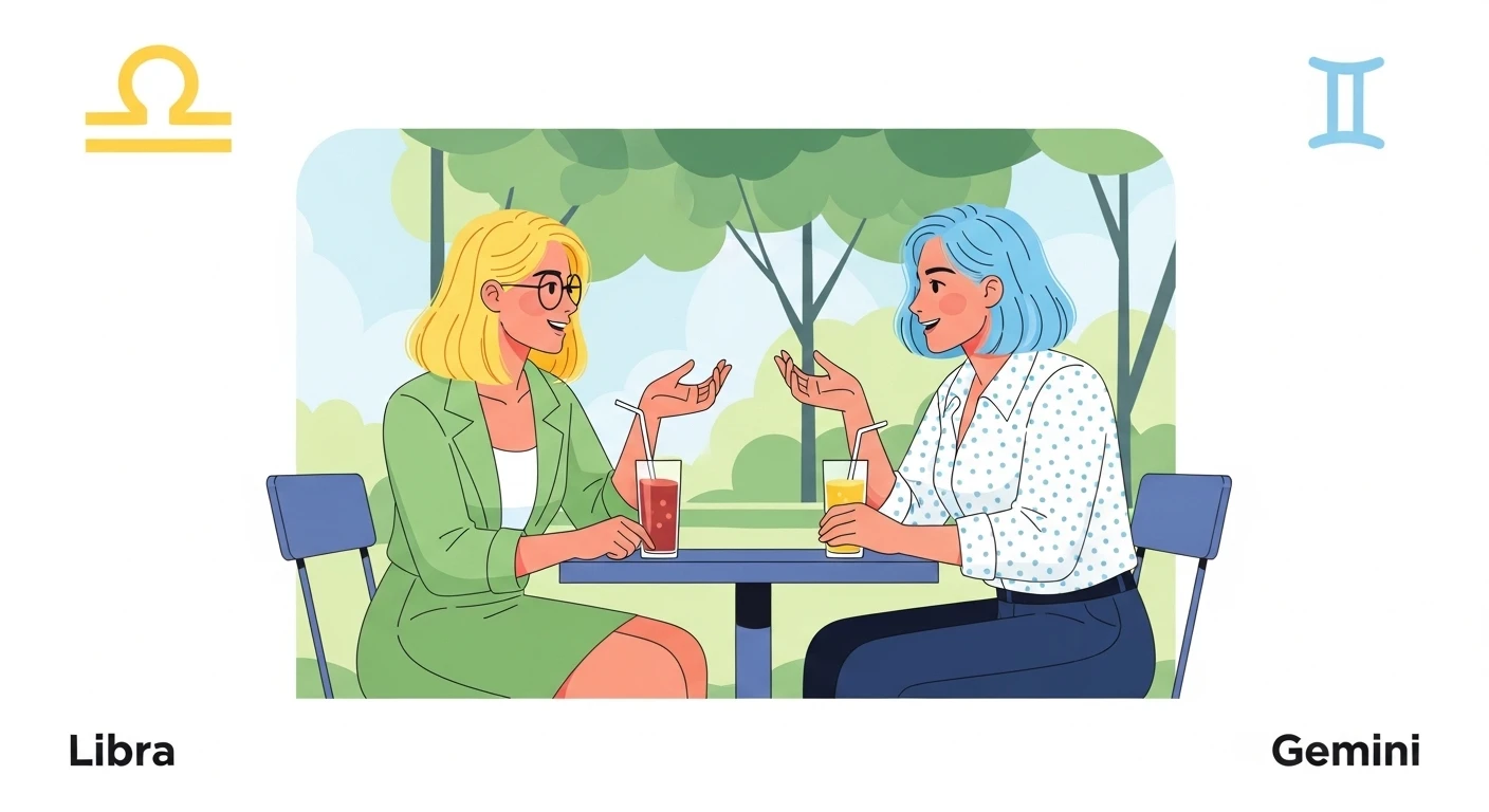 Một cặp đôi Thiên Bình và Song Tử đang trò chuyện vui vẻ trong một quán cà phê lãng mạn, ánh mắt trao nhau đầy tình tứ.