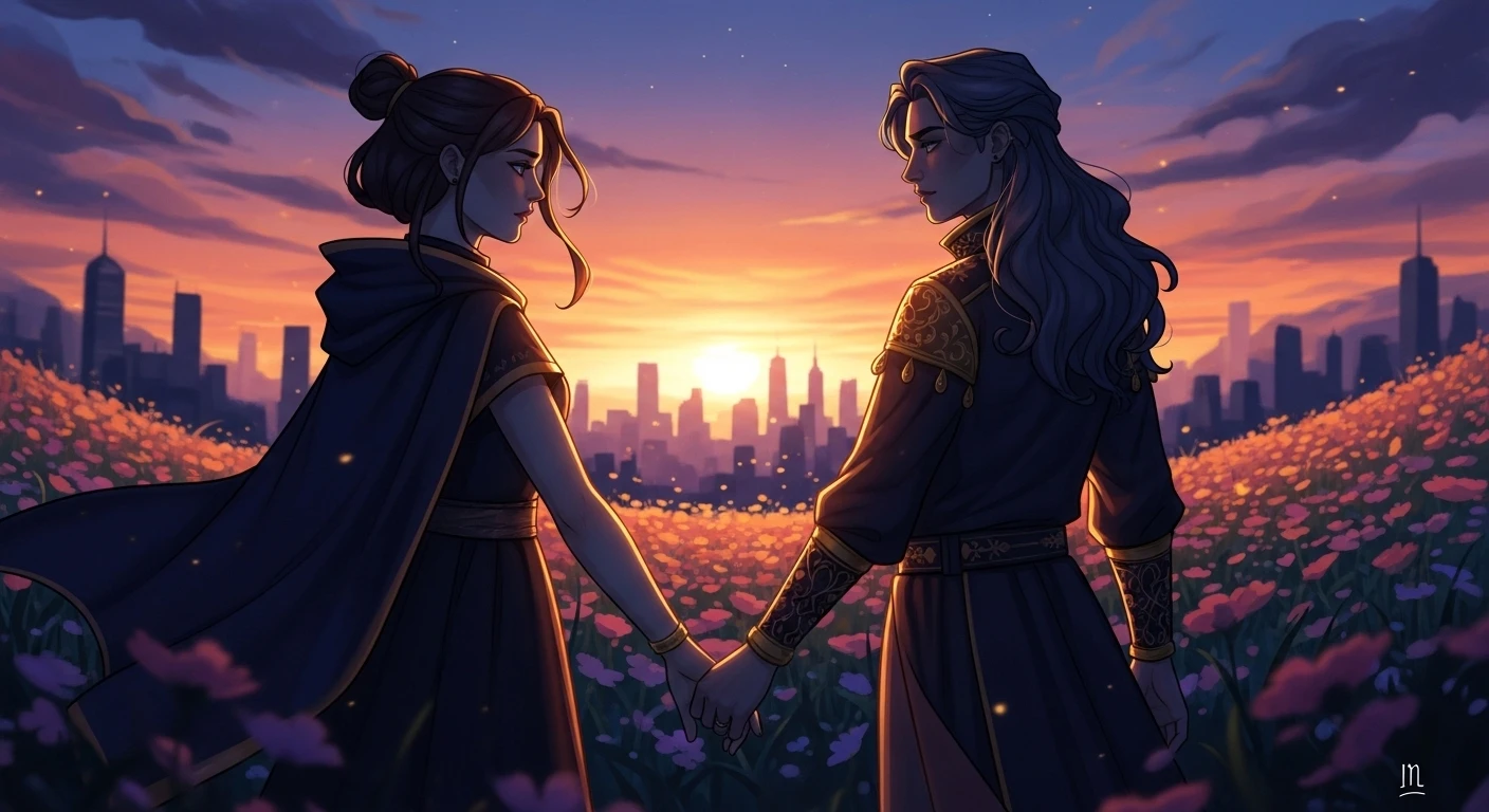 Một cặp đôi Thiên Bình và Song Tử đang cùng nhau vượt qua một con đường khó khăn, biểu tượng cho việc đối mặt và giải quyết thử thách trong tình yêu.