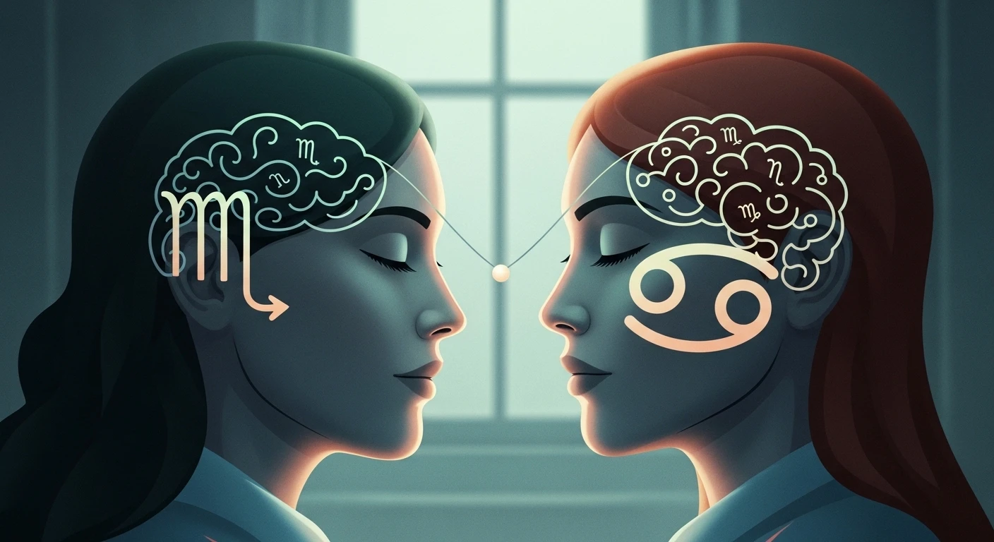 Thiên Yết và Cự Giải đang nắm tay nhau dưới ánh trăng, biểu tượng cho sự kết nối tâm linh sâu sắc và cảm xúc mãnh liệt của hai cung nước.