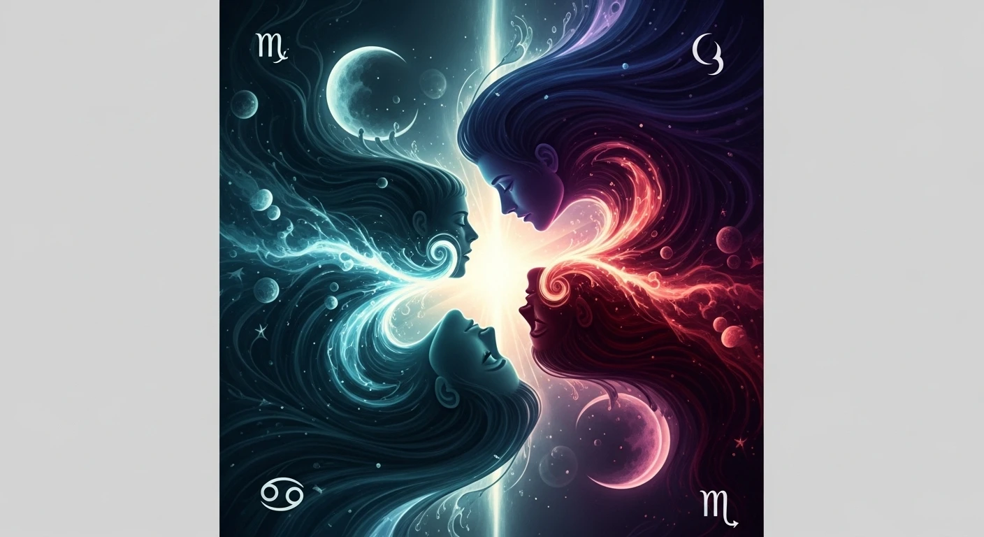 Thiên Yết và Cự Giải đang nhìn nhau sâu sắc, thể hiện sự thấu hiểu trực giác và liên kết tâm linh mạnh mẽ, ngay cả khi đối mặt với những thách thức.