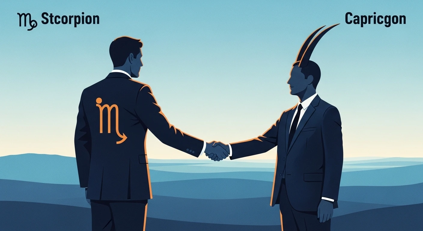 Thiên Yết và Ma Kết ngồi cạnh nhau, ánh mắt đầy quyết tâm và tin tưởng, tượng trưng cho một liên minh quyền lực trong chiêm tinh.