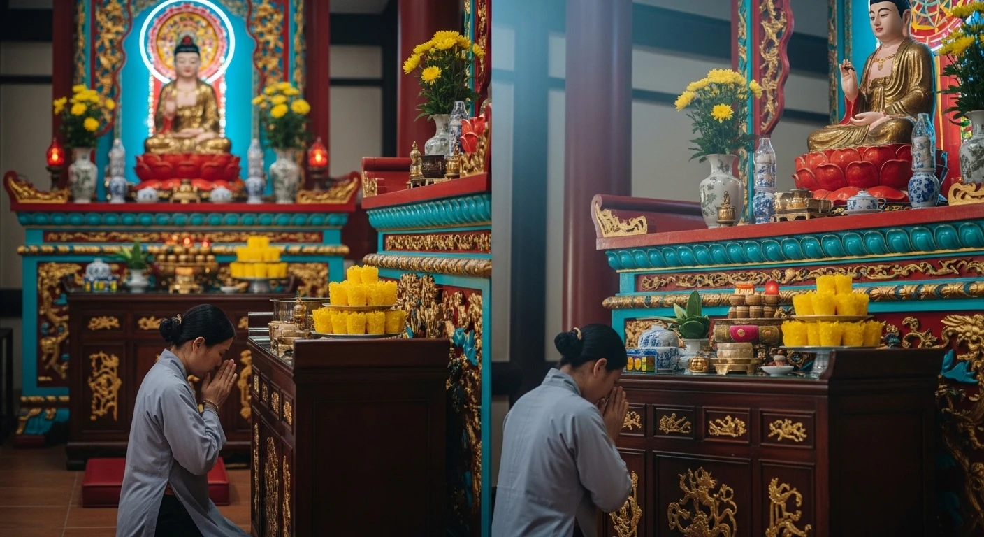 Một ban thờ Mẫu với tượng Mẫu uy nghi, trang phục lộng lẫy, xung quanh là các vật phẩm thờ cúng và không khí linh thiêng.