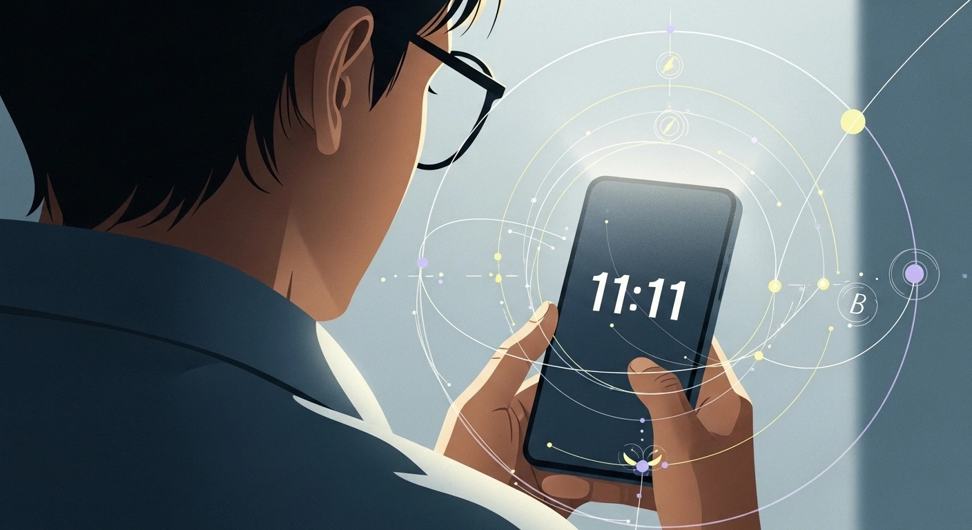 Hình ảnh đồng hồ kỹ thuật số hiển thị 11:11, với ánh sáng dịu nhẹ và hiệu ứng huyền ảo, tượng trưng cho thông điệp tâm linh.
