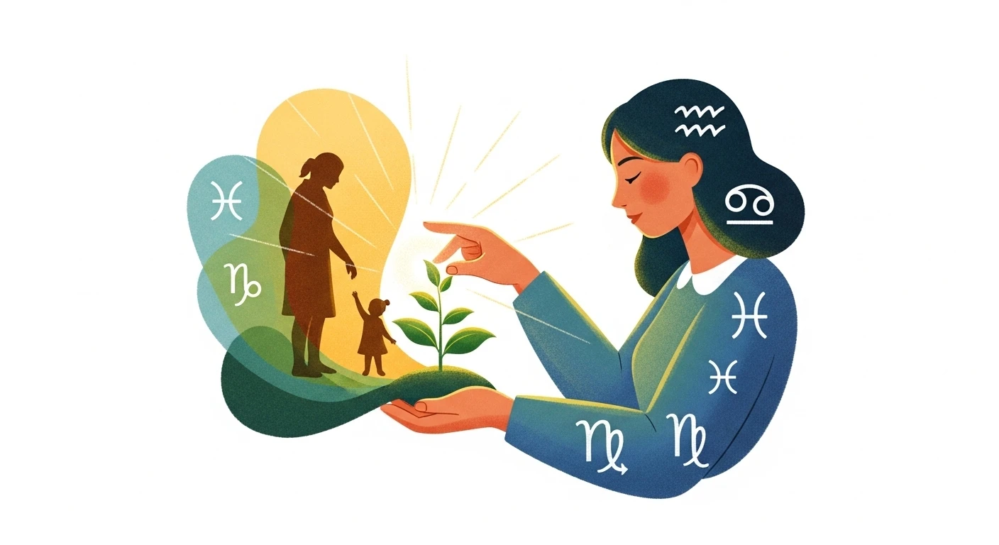 Một người phụ nữ với nụ cười rạng rỡ, đang chăm sóc gia đình trong một không gian ấm cúng, tượng trưng cho sự vượng phu ích tử và hạnh phúc gia đình.