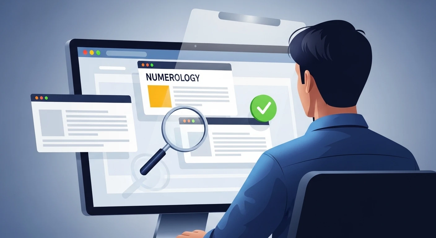 Hình ảnh một người đang dùng máy tính bảng để tra cứu thần số học, với biểu đồ số học và các con số xuất hiện trên màn hình. Bối cảnh là một không gian làm việc hiện đại, tập trung vào công nghệ.