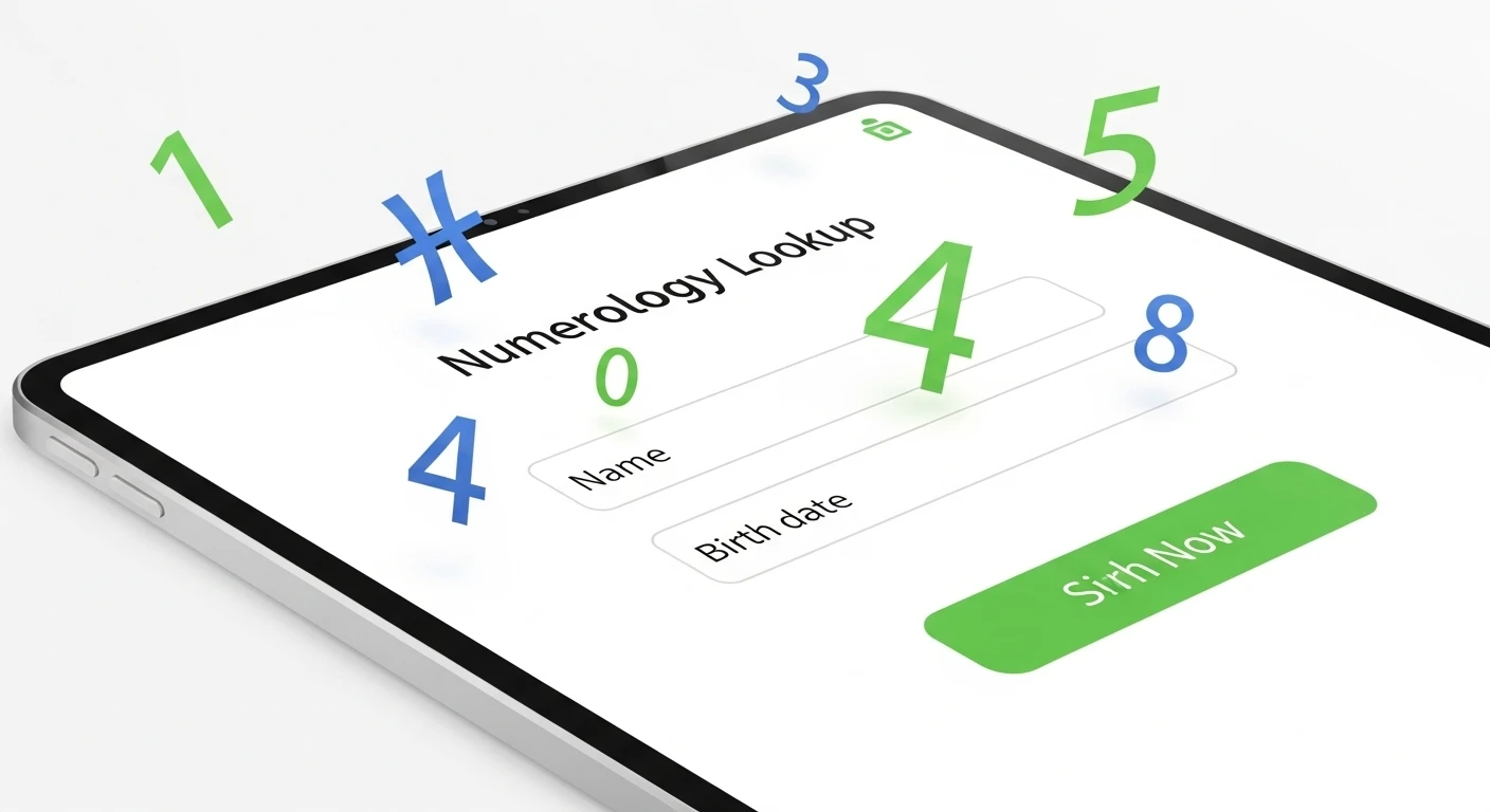 Giao diện máy tính bảng hiển thị kết quả tra cứu thần số học online miễn phí với các con số và biểu đồ phân tích, bên cạnh là một cuốn sổ và bút.