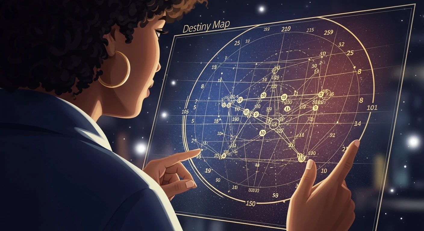 Bàn tay một người phụ nữ đang cầm bút viết trên một cuốn sổ có các con số và biểu tượng thần số học, thể hiện sự nghiên cứu và tìm hiểu sâu sắc về vận mệnh.
