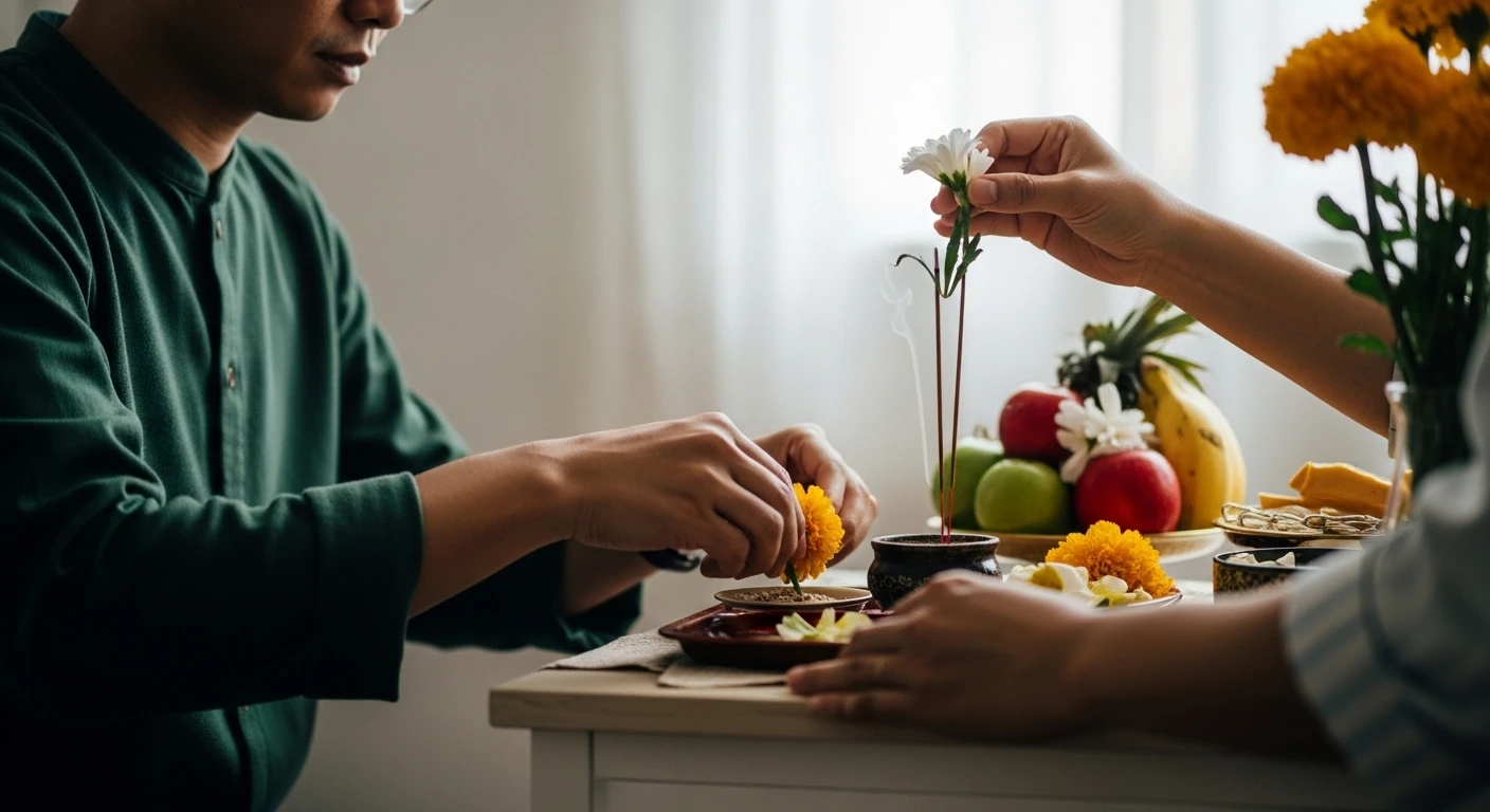 Một người phụ nữ mặc áo dài truyền thống đang thành kính dâng hương và lễ vật trước bàn thờ, thể hiện lòng biết ơn sau khi cầu duyên thành công.