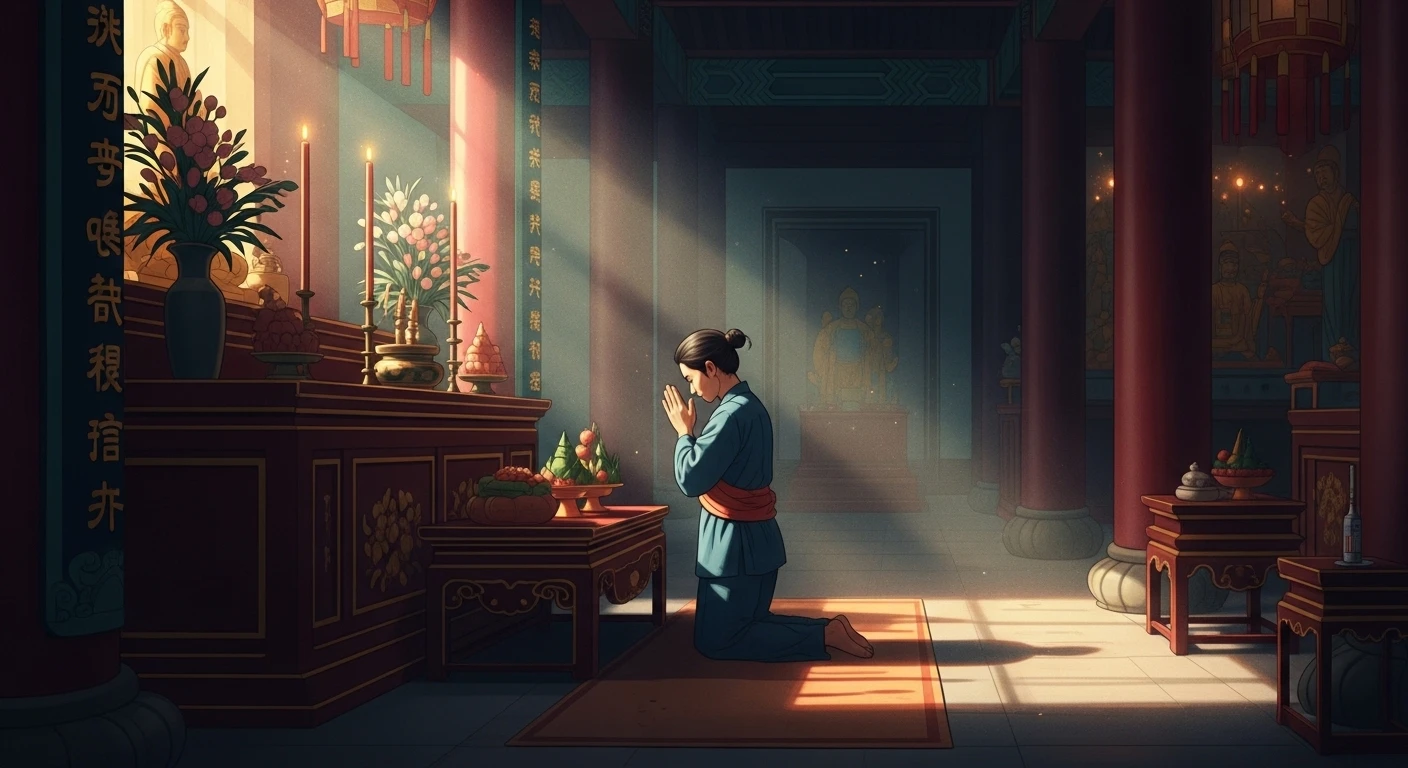 Một cặp đôi đang nắm tay nhau đi trong khung cảnh lãng mạn, tượng trưng cho tình yêu và duyên phận đã thành sau khi cầu khấn.