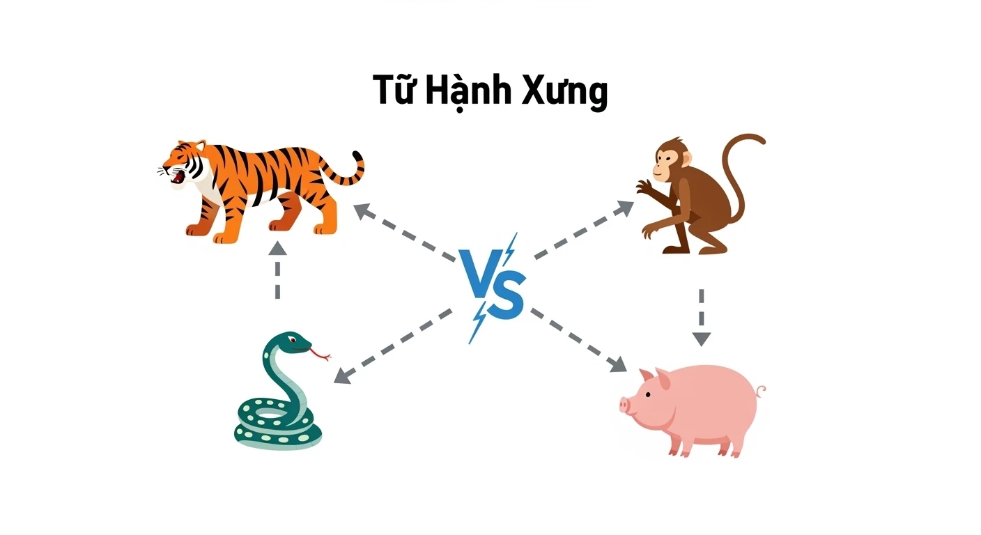 Bốn con giáp Dần, Thân, Tỵ, Hợi được sắp xếp đối lập trên một vòng tròn âm dương, tượng trưng cho mối quan hệ tứ hành xung trong chiêm tinh học.