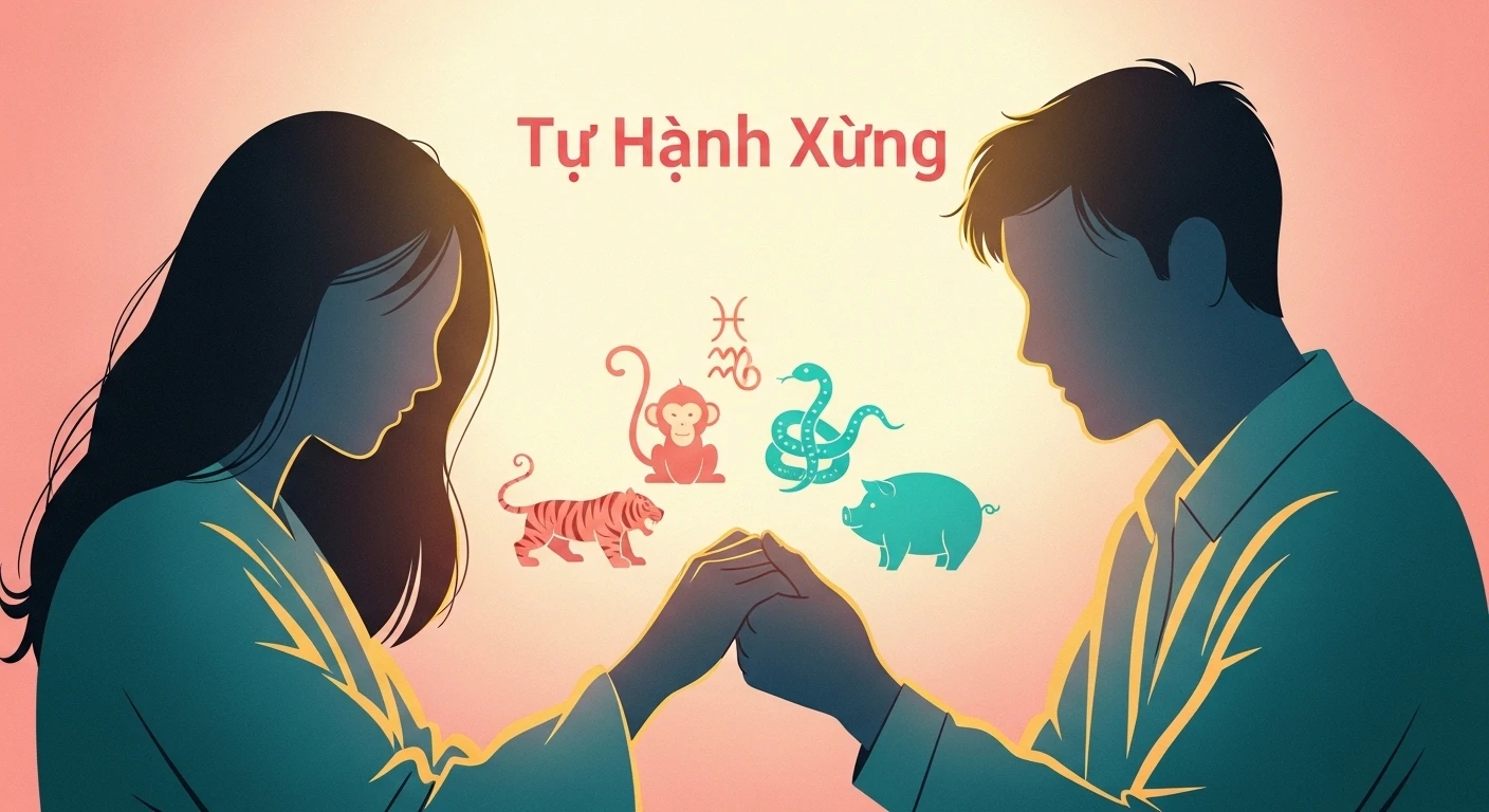 Một cặp đôi đang nắm tay nhau đi trên con đường lãng mạn, tượng trưng cho sự gắn kết và vượt qua mọi thử thách trong hôn nhân, bất kể tứ hành xung.