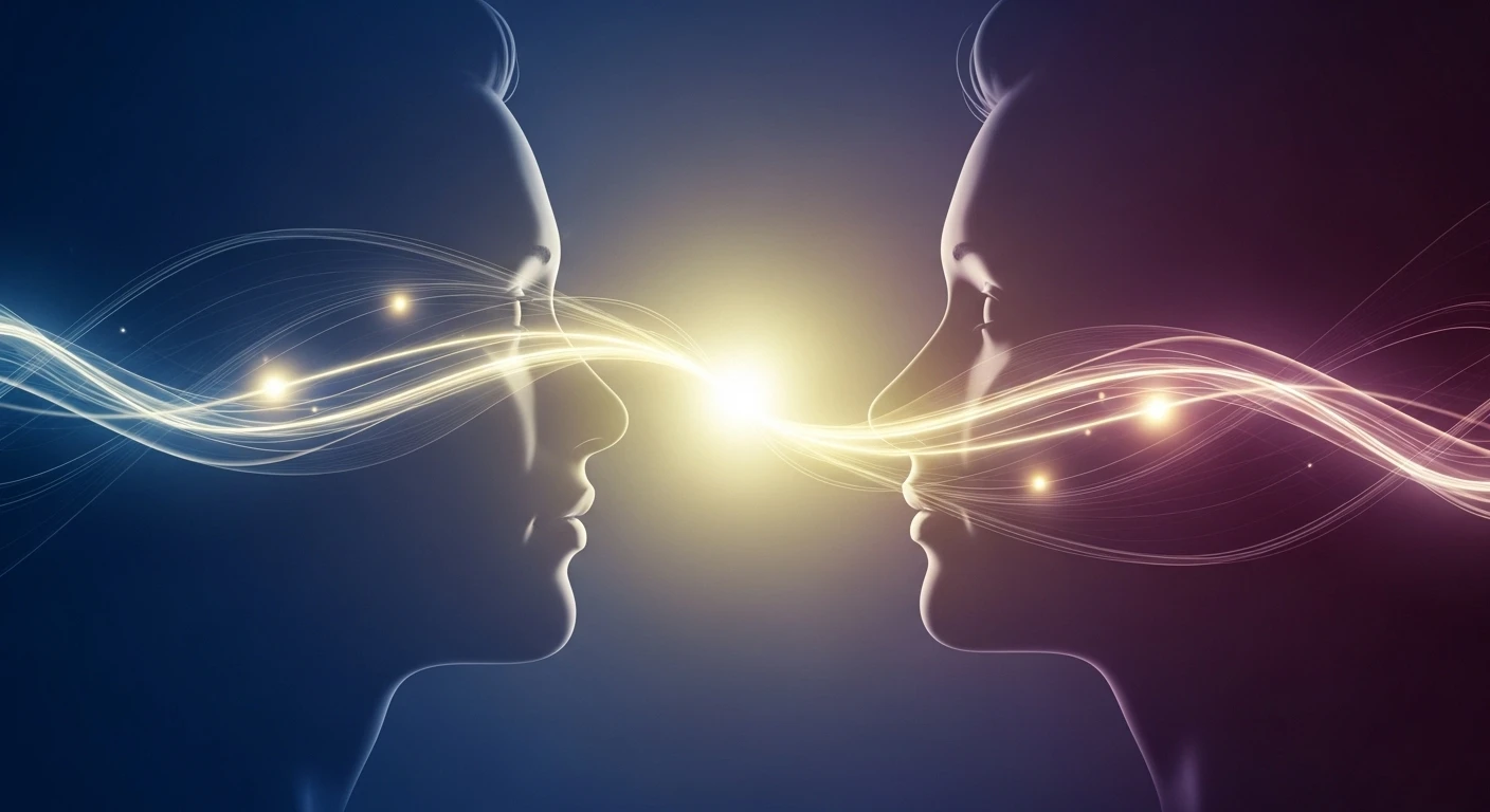 Hình ảnh trừu tượng của hai khuôn mặt lồng vào nhau, biểu thị sự hòa quyện và đồng điệu trong mối quan hệ. Phông nền có các yếu tố phong thủy và chiêm tinh.