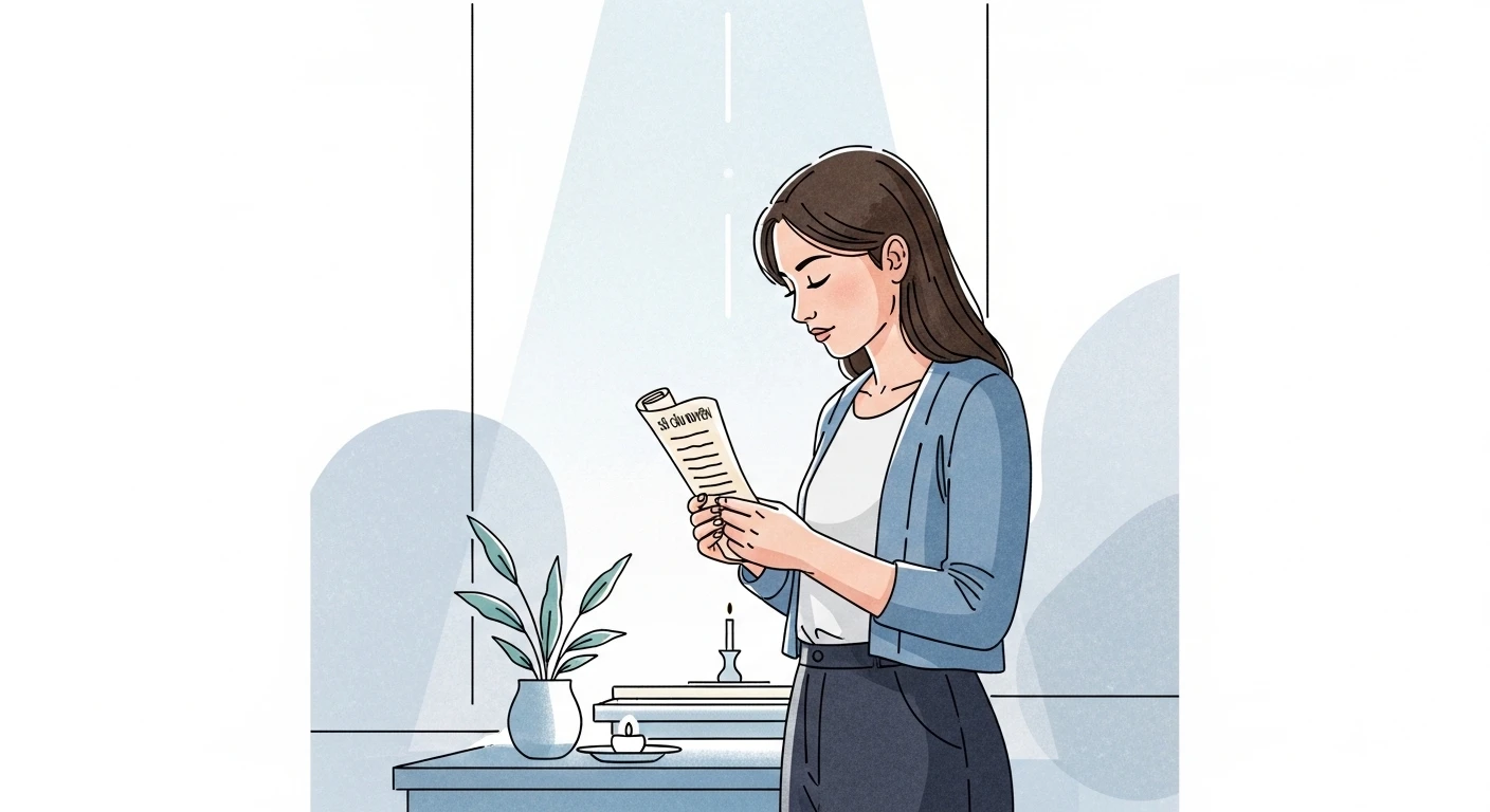 Một bàn tay viết sớ bằng bút lông trên giấy truyền thống, thể hiện sự thành kính và tập trung vào nghi thức tâm linh.