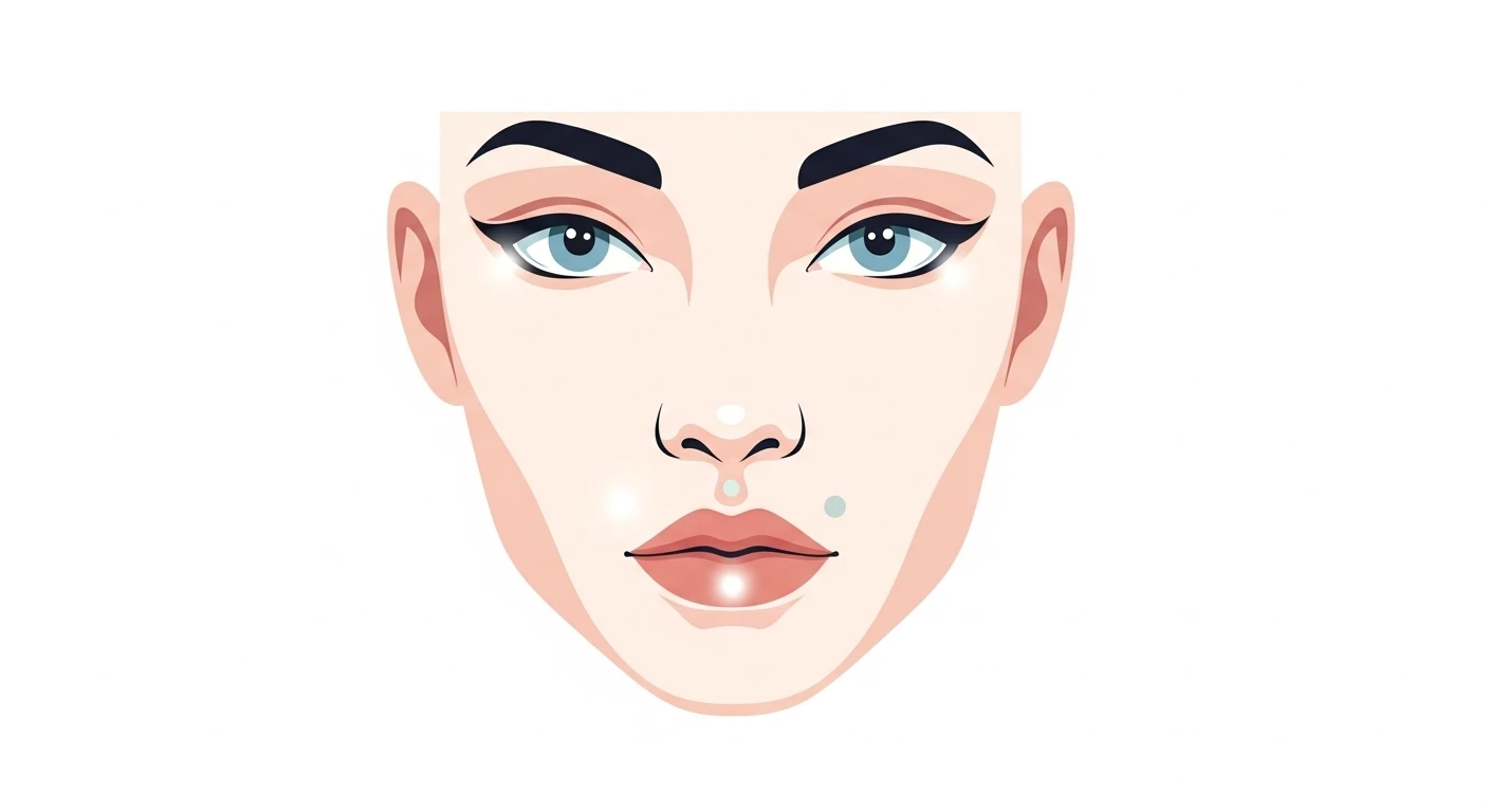 Gương mặt một người phụ nữ với các vị trí nốt ruồi được đánh dấu, minh họa cho các nốt ruồi duyên. Ảnh chụp cận cảnh, làm nổi bật từng vị trí.