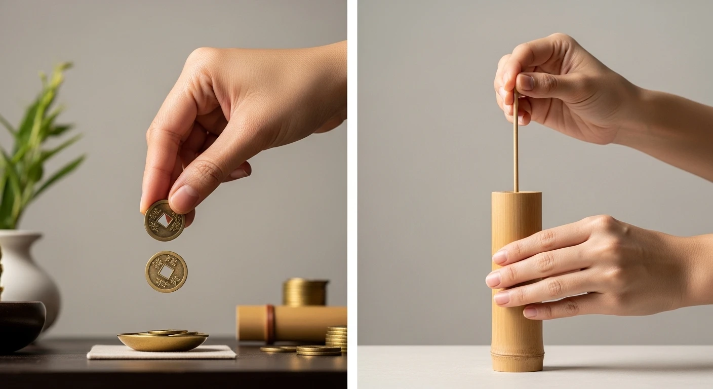 Một người phụ nữ thành tâm gieo quẻ keo tại một ngôi chùa cổ kính, phía trước là bàn thờ với hương khói nghi ngút và lễ vật đơn sơ, tượng trưng cho nghi thức xin keo tình duyên.