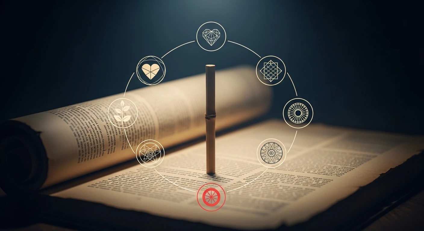 Một bộ thẻ xăm bằng tre được đặt trong ống tre truyền thống, xung quanh là những cuộn giấy ghi chú các quẻ xăm và ý nghĩa của chúng, minh họa cho việc giải mã quẻ xăm tình duyên.