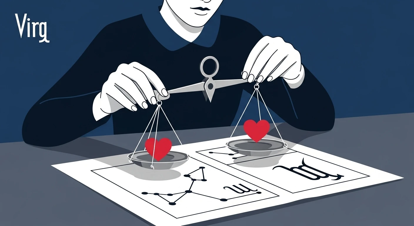 Một người phụ nữ Xử Nữ đang suy tư, với biểu tượng cung Virgo tinh tế ở hậu cảnh, thể hiện sự tỉ mỉ và khao khát tìm kiếm sự hoàn hảo trong tình yêu.