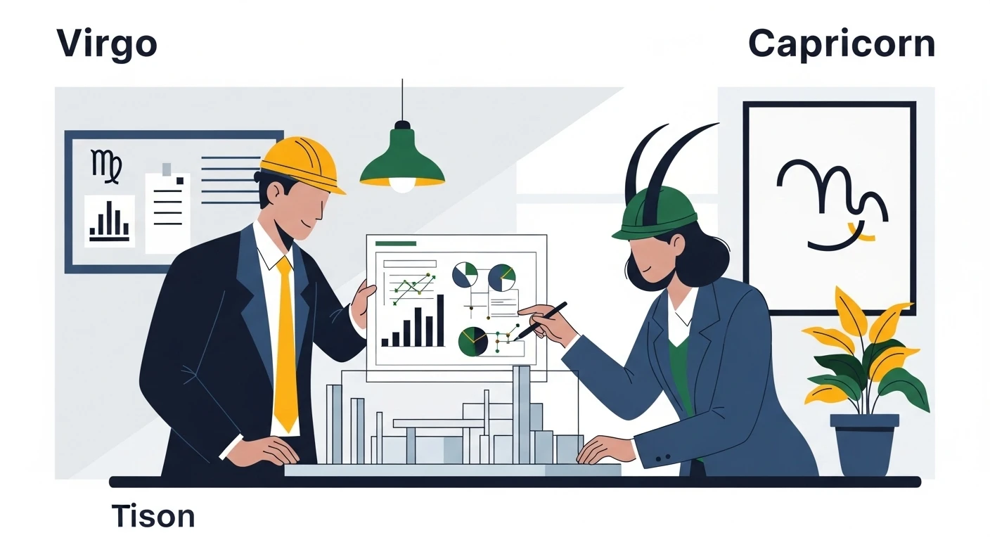 Hai bàn tay nắm chặt, một bàn tay đeo nhẫn biểu tượng cung Xử Nữ, bàn tay còn lại đeo nhẫn biểu tượng cung Ma Kết, tượng trưng cho sự gắn kết và hợp tác bền chặt.