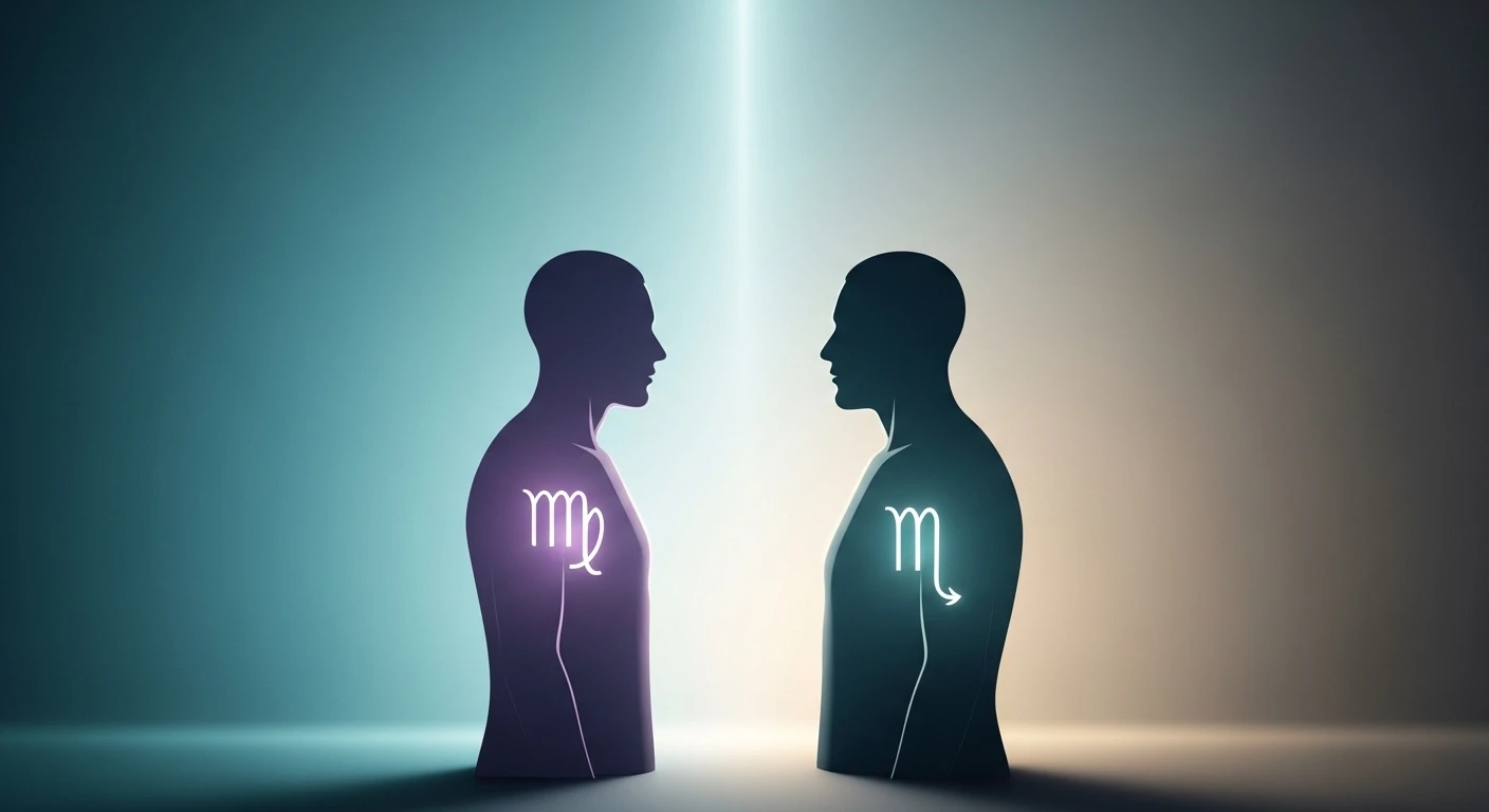 Hai người đang ngồi đối diện nhau trong một không gian yên tĩnh, ánh mắt giao nhau đầy suy tư, tượng trưng cho sự thấu hiểu nội tâm giữa Xử Nữ và Thiên Yết.