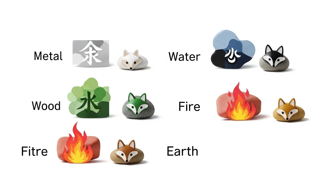 Bảng màu sắc đá phong thủy theo ngũ hành Kim, Mộc, Thủy, Hỏa, Thổ, với các viên đá hồ ly màu đen, hồng, trắng, tím minh họa.