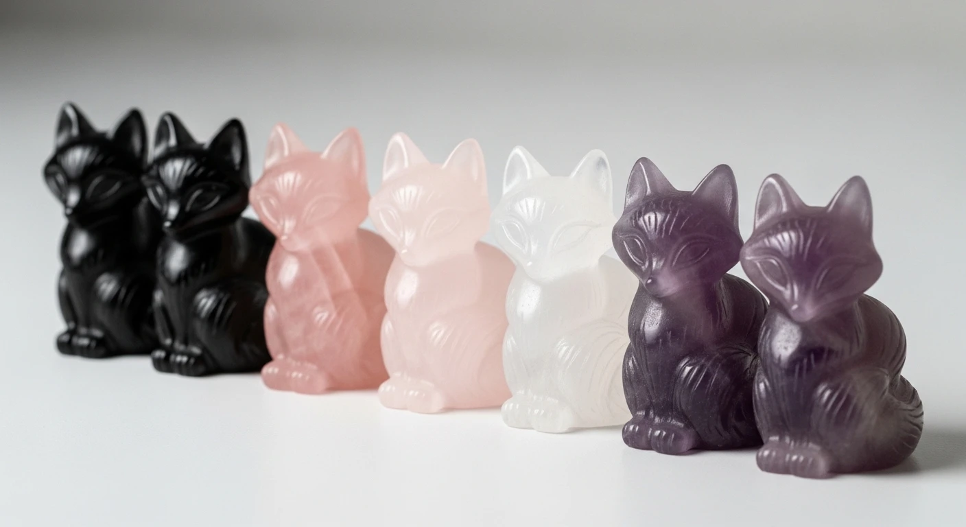 Hình ảnh một người phụ nữ đang ngắm nghía những viên đá hồ ly nhiều màu sắc khác nhau, với không gian ấm cúng, thể hiện sự cân nhắc khi lựa chọn vật phẩm phong thủy.