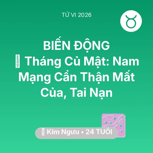 Tử vi Kim Ngưu sinh năm 2002 trong năm 2026: 🛑 Tháng Củ Mật: Nam Mạng Kim Ngưu Cẩn Thận Mất Của, Tai Nạn