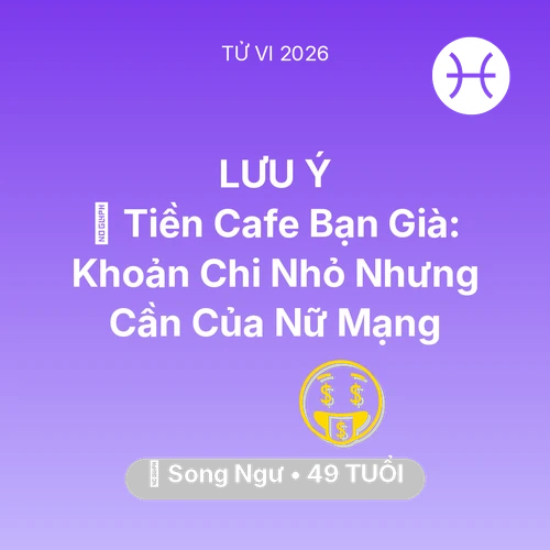 Tử vi Song Ngư sinh năm 1977 trong năm 2026: 🍵 Tiền Cafe Bạn Già: Khoản Chi Nhỏ Nhưng Cần Của Nữ Mạng Song Ngư