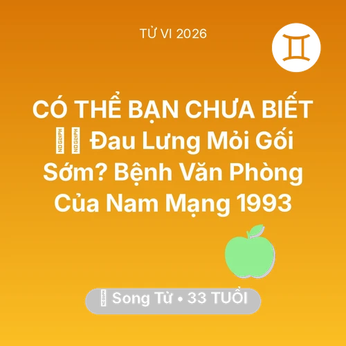 Xem tử vi Song Tử sinh năm 1993 Nam Mạng: 💆‍♀️ Đau Lưng Mỏi Gối Sớm? Bệnh Văn Phòng Của Nam Mạng Song Tử 1993