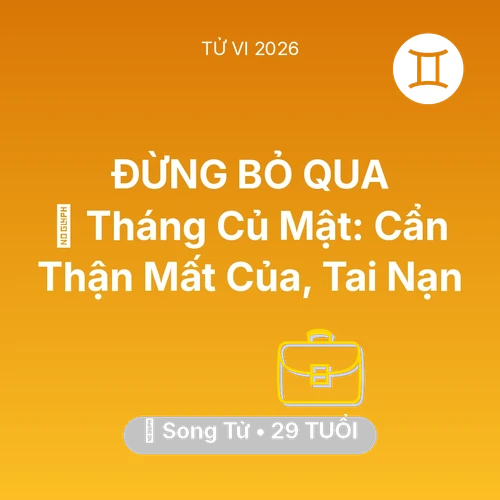 Tử vi Song Tử sinh năm 1997 trong năm 2026: 🛑 Tháng Củ Mật: Song Tử Cẩn Thận Mất Của, Tai Nạn